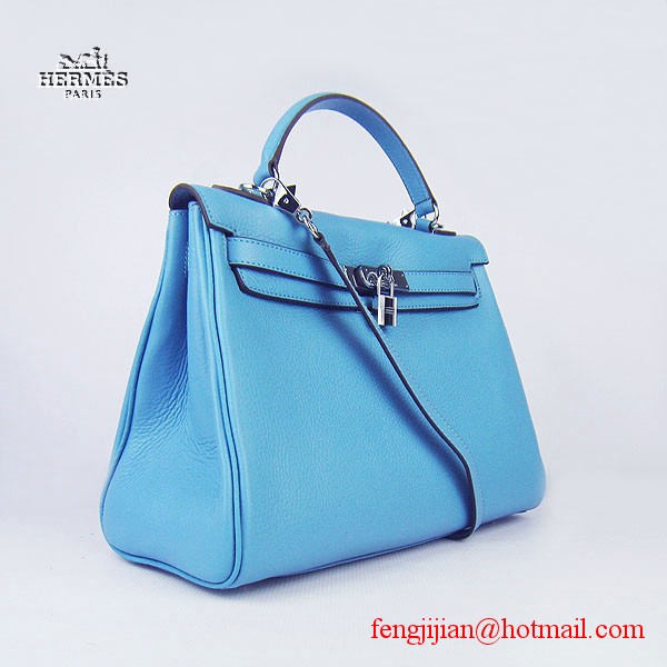 Hermes Kelly 32cm Togo Leather Bag Light Blue 6108 Silver Hardware